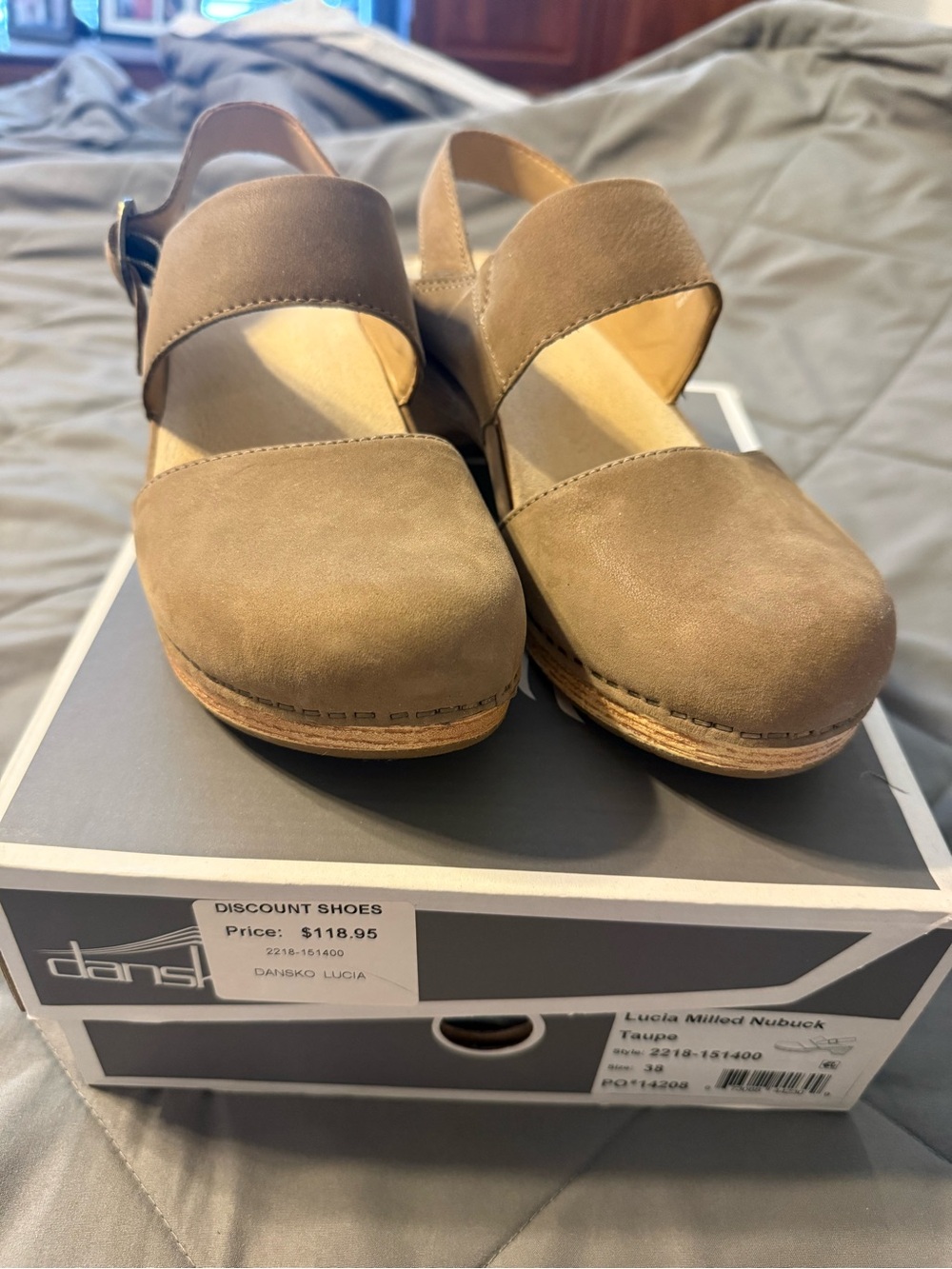 Dansko Lucia Taupe Nubuck Slingback Clogs